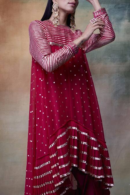 Buy Vvani By Vani Vats Red Kurta Georgettedhoti Crepe Round Embroidered Dhoti Set Online at Aza Fashions Buy_Vvani By Vani Vats_Red Kurta Georgettedhoti Crepe Round Embroidered Dhoti Set _Online_at_Aza_Fashions