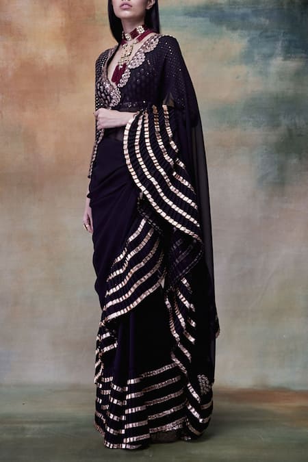 Buy_Vvani By Vani Vats_Black Georgette V Neck Embroidered Saree With Blouse _Online_at_Aza_Fashions