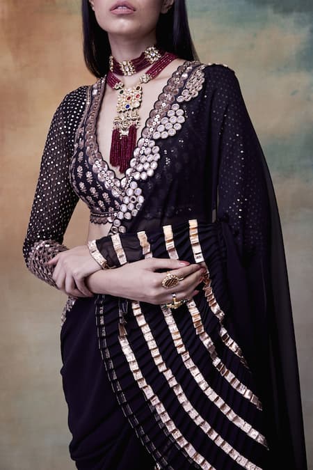 Shop_Vvani By Vani Vats_Black Georgette V Neck Embroidered Saree With Blouse _Online_at_Aza_Fashions