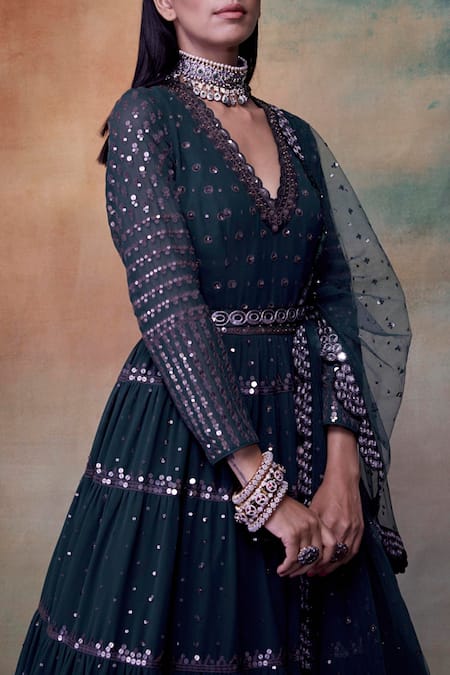 Vvani By Vani Vats Green Anarkali Georgettedupatta Net V Neck Embroidered With Dupatta Online at Aza Fashions Vvani By Vani Vats_Green Anarkali Georgettedupatta Net V Neck Embroidered With Dupatta _Online_at_Aza_Fashions