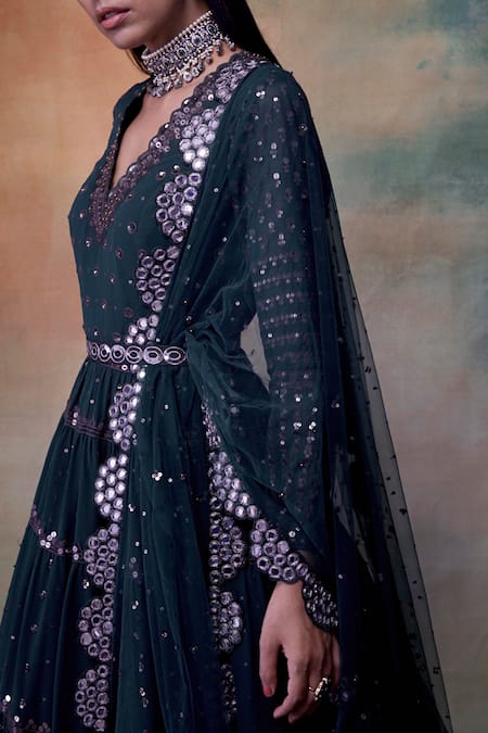 Shop Vvani By Vani Vats Green Anarkali Georgettedupatta Net V Neck Embroidered With Dupatta at Aza Fashions Shop_Vvani By Vani Vats_Green Anarkali Georgettedupatta Net V Neck Embroidered With Dupatta _at_Aza_Fashions