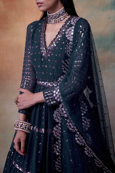 Buy Vvani By Vani Vats Green Anarkali Georgettedupatta Net V Neck Embroidered With Dupatta Online at Aza Fashions Buy_Vvani By Vani Vats_Green Anarkali Georgettedupatta Net V Neck Embroidered With Dupatta _Online_at_Aza_Fashions