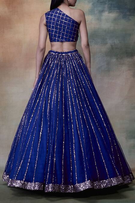 Shop_Vvani By Vani Vats_Blue Net Asymmetric Embroidered Lehenga Set _at_Aza_Fashions