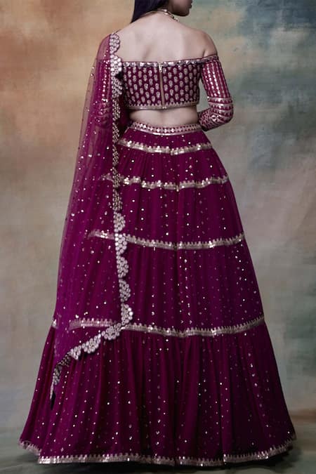 Shop Vvani By Vani Vats Wine Net, Georgette Sweetheart Neck Embroidered Lehenga Set at Aza Fashions Shop_Vvani By Vani Vats_Wine Net, Georgette Sweetheart Neck Embroidered Lehenga Set _at_Aza_Fashions