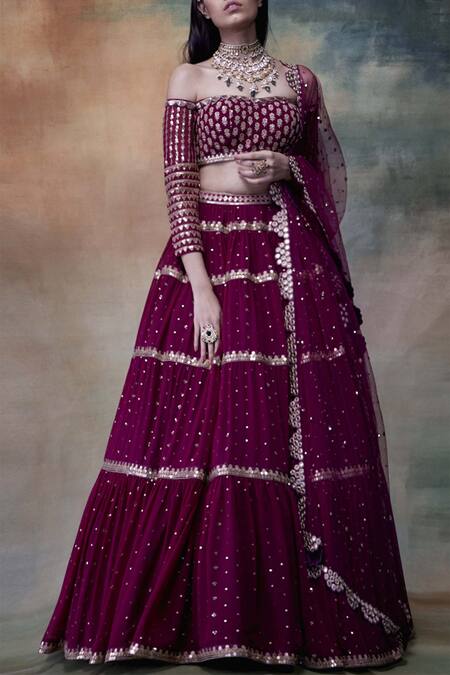 Vvani By Vani Vats Wine Net, Georgette Sweetheart Neck Embroidered Lehenga Set Online at Aza Fashions Vvani By Vani Vats_Wine Net, Georgette Sweetheart Neck Embroidered Lehenga Set _Online_at_Aza_Fashions