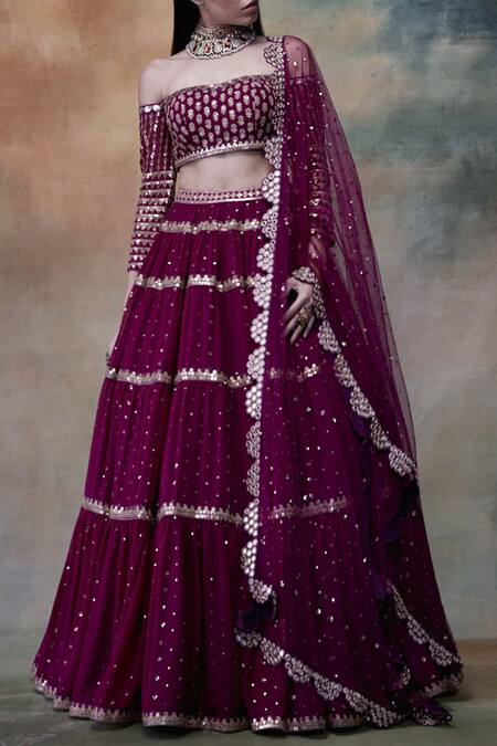 Shop Vvani By Vani Vats Wine Net, Georgette Sweetheart Neck Embroidered Lehenga Set Online at Aza Fashions Shop_Vvani By Vani Vats_Wine Net, Georgette Sweetheart Neck Embroidered Lehenga Set _Online_at_Aza_Fashions