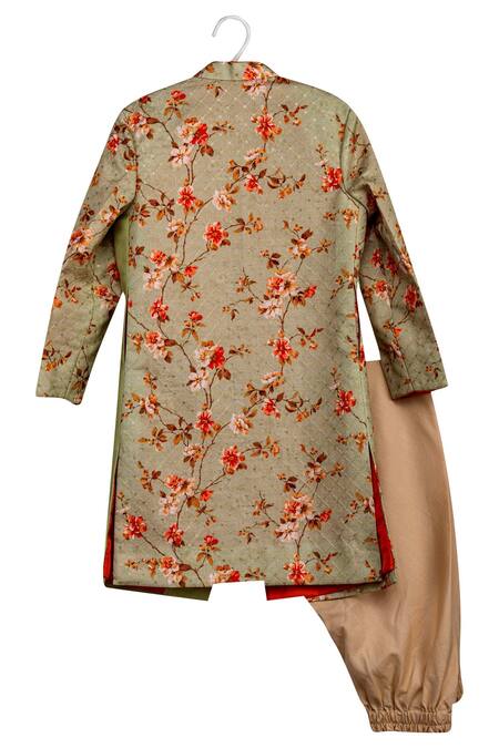 Shop Minikin Green Cotton, Silk Sequins Printed Sherwani With Churidar at Aza Fashions Shop_Minikin_Green Cotton, Silk Sequins Printed Sherwani With Churidar _at_Aza_Fashions