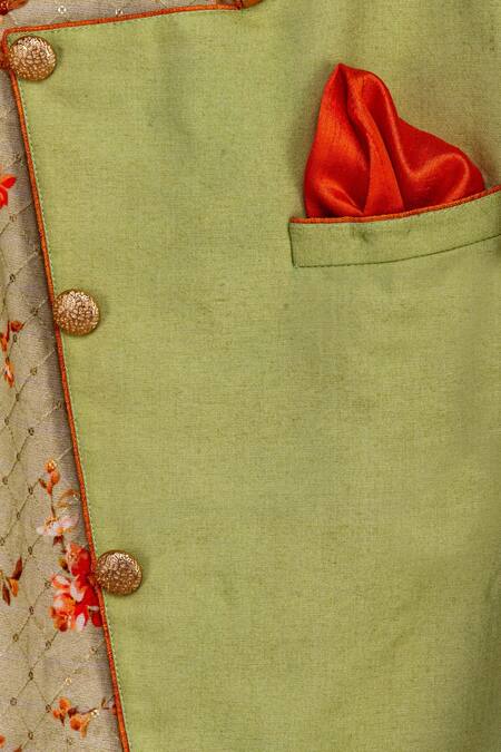 Buy Minikin Green Cotton, Silk Sequins Printed Sherwani With Churidar Online at Aza Fashions Buy_Minikin_Green Cotton, Silk Sequins Printed Sherwani With Churidar _Online_at_Aza_Fashions