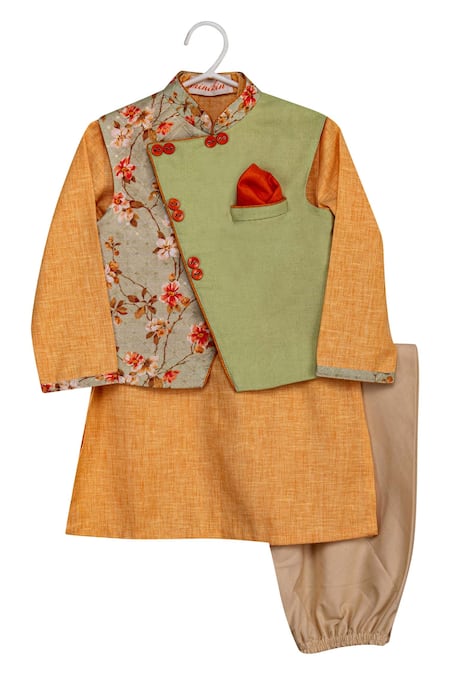 Minikin Green Cotton, Silk Sequins Printed Jacket Kurta Set