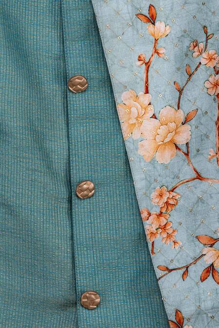 Buy_Minikin_Blue Cotton, Silk Sequins, Embroidery Printed Kurta Set_Online_at_Aza_Fashions