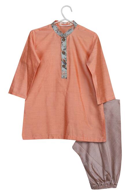 Minikin_Blue Cotton, Silk Sequins Printed Jacket Kurta Set _Online_at_Aza_Fashions