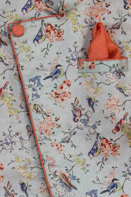 Minikin_Blue Cotton, Silk Sequins Printed Jacket Kurta Set _at_Aza_Fashions