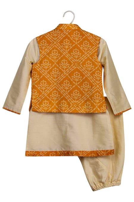 Shop Minikin Cream Cotton Satin, Cotton, Silk Brooches Printed Jacket Kurta Set at Aza Fashions Shop_Minikin_Cream Cotton Satin, Cotton, Silk Brooches Printed Jacket Kurta Set _at_Aza_Fashions