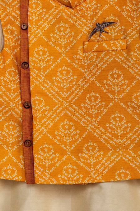 Minikin Cream Cotton Satin, Cotton, Silk Brooches Printed Jacket Kurta Set at Aza Fashions Minikin_Cream Cotton Satin, Cotton, Silk Brooches Printed Jacket Kurta Set _at_Aza_Fashions