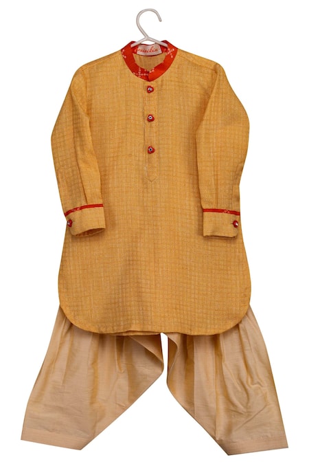 Minikin_Yellow Cotton Silk Printed Jacket Kurta Set _Online_at_Aza_Fashions