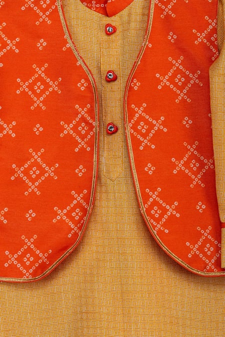 Minikin_Yellow Cotton Silk Printed Jacket Kurta Set _at_Aza_Fashions