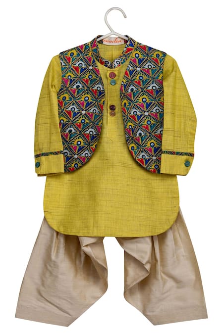 Minikin Green Cotton, Silk Printed Jacket Kurta Set