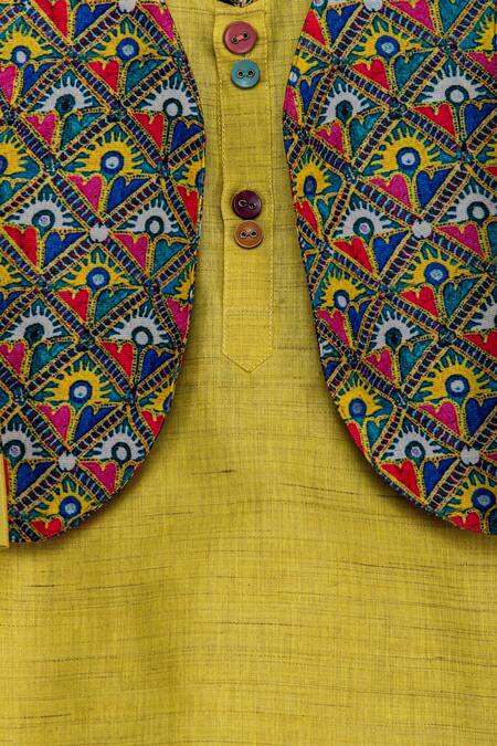 Minikin_Green Cotton, Silk Printed Jacket Kurta Set _at_Aza_Fashions