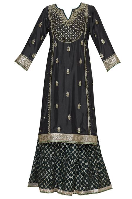 Buy_Aditi Beriwala_Black Dupion Silk, Chanderi Jacaranda Kurta Round Embroidered Sharara Set _Online_at_Aza_Fashions