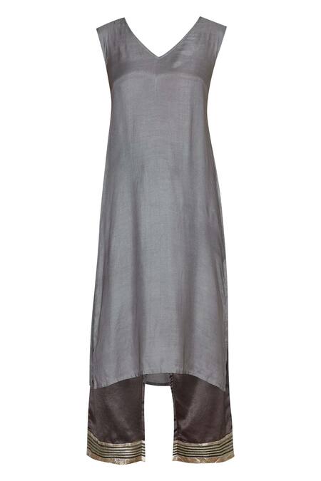 Buy_Aditi Beriwala_Grey Dupion Silk, Mushru Kurta Round Inner V Neck Embroidered Set_Online_at_Aza_Fashions