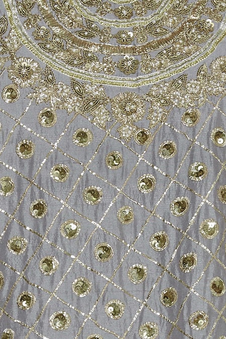 Aditi Beriwala_Grey Dupion Silk, Mushru Kurta Round Inner V Neck Embroidered Set_at_Aza_Fashions