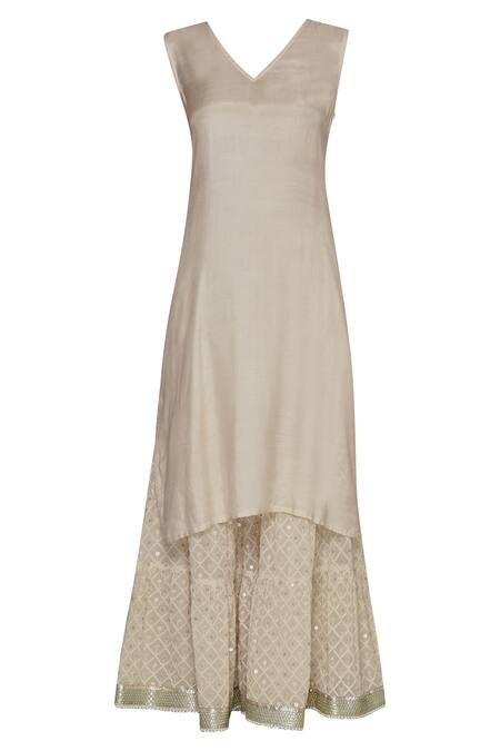 Buy_Aditi Beriwala_Beige Georgette, Dupion Silk Kurta Round Inner V Embellished Sharara Set_Online_at_Aza_Fashions