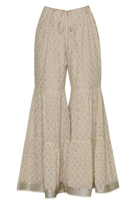 Shop_Aditi Beriwala_Beige Georgette, Dupion Silk Kurta Round Inner V Embellished Sharara Set_Online_at_Aza_Fashions