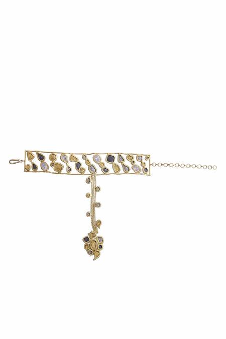 Mira By Radhika Jain_Gold Plated Metal Carved Hathphool_Online_at_Aza_Fashions