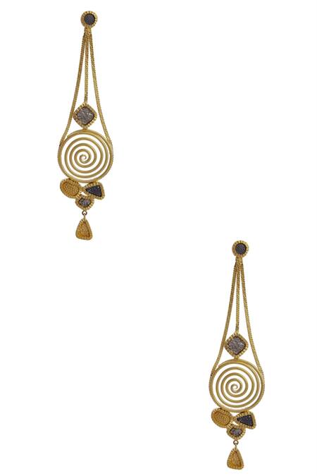 Shop Mira By Radhika Jain Gold Plated Metal Carved Long Earrings at Aza Fashions Shop_Mira By Radhika Jain_Gold Plated Metal Carved Long Earrings_at_Aza_Fashions