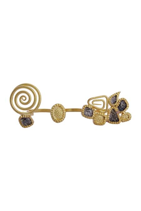 Mira By Radhika Jain_Gold Plated Carved Two Finger Ring_Online_at_Aza_Fashions