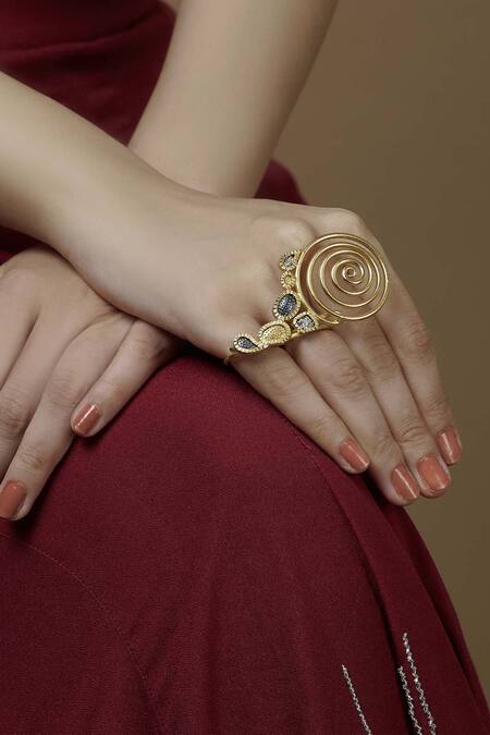 Buy_Mira By Radhika Jain_Gold Plated Carved Two Finger Ring_Online_at_Aza_Fashions