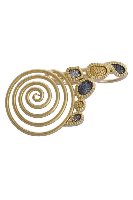 Mira By Radhika Jain_Gold Plated Carved Two Finger Ring_Online_at_Aza_Fashions