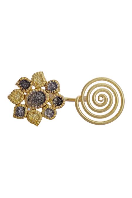 Mira By Radhika Jain_Gold Plated Carved Floral Ring_Online_at_Aza_Fashions