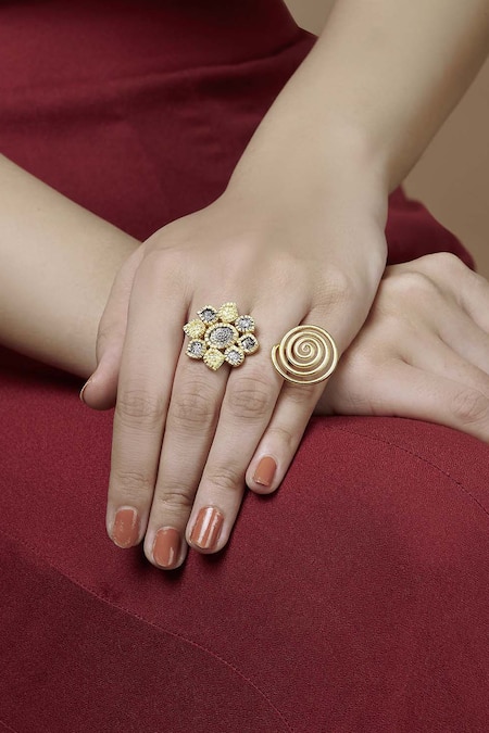 Buy_Mira By Radhika Jain_Gold Plated Carved Floral Ring_Online_at_Aza_Fashions