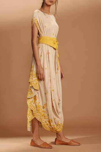 MATI_Off White Draped Dress With Belt_Online_at_Aza_Fashions