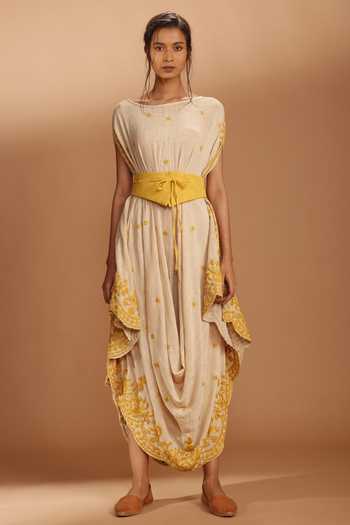 Buy_MATI_Off White Draped Dress With Belt_Online_at_Aza_Fashions