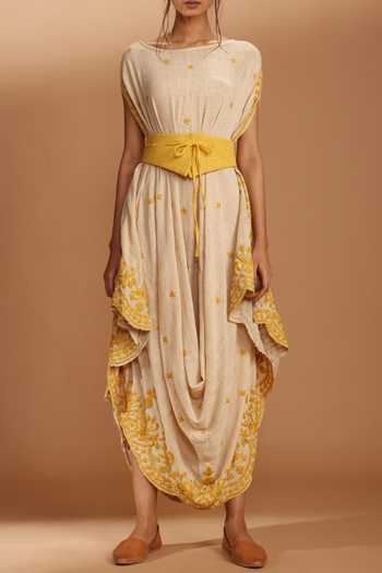 Shop_MATI_Off White Draped Dress With Belt_Online_at_Aza_Fashions