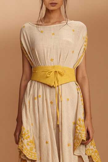 MATI_Off White Draped Dress With Belt_at_Aza_Fashions
