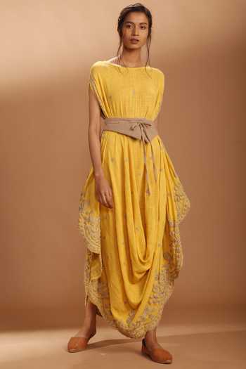 MATI_Yellow Draped Dress With Belt_Online_at_Aza_Fashions