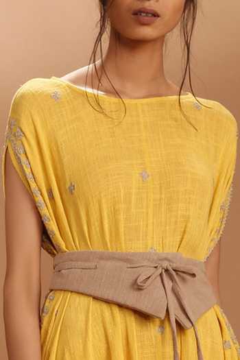Buy_MATI_Yellow Draped Dress With Belt_Online_at_Aza_Fashions