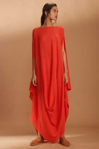 Buy MATI Coral Draped Dress Online at Aza Fashions Buy_MATI_Coral Draped Dress_Online_at_Aza_Fashions