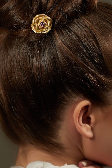 Shop Zariin Gold Stone Floral Bun Stick at Aza Fashions Shop_Zariin_Gold Stone Floral Bun Stick _at_Aza_Fashions