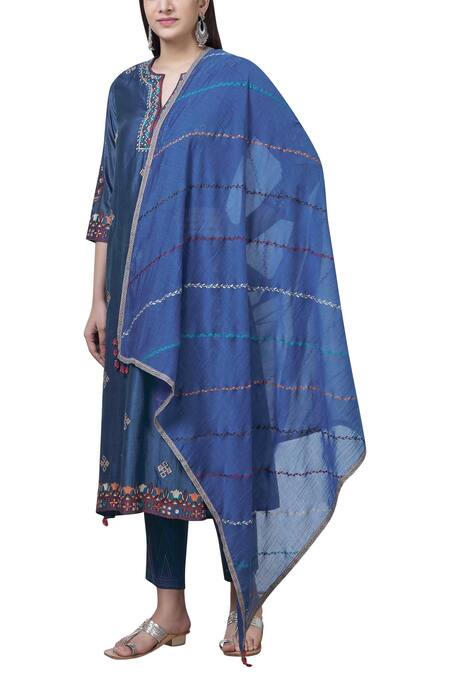 Kora_Blue Chanderi Kurta Set_Online_at_Aza_Fashions