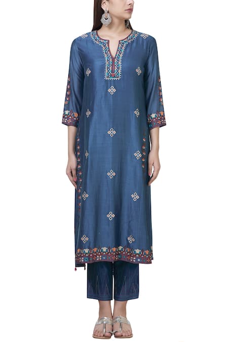 Buy_Kora_Blue Chanderi Kurta Set_Online_at_Aza_Fashions