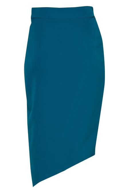 Amit Aggarwal_Blue Moss Crepe Asymmetric Skirt_Online_at_Aza_Fashions