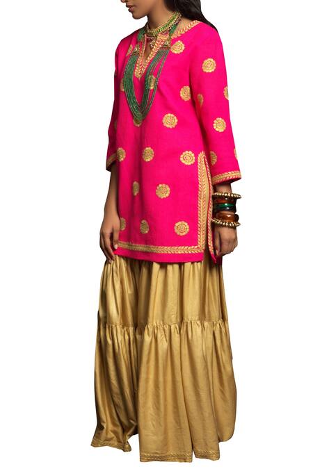 Payal Pratap Beige Matka Silk Round Embroidered Kurta Sharara Set Online at Aza Fashions Payal Pratap_Beige Matka Silk Round Embroidered Kurta Sharara Set _Online_at_Aza_Fashions
