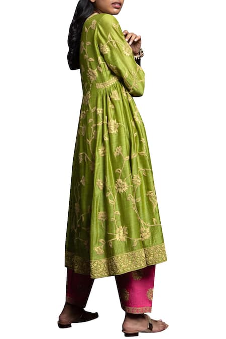 Shop Payal Pratap Green Matka Silk Round Embroidered Kurta Set at Aza Fashions Shop_Payal Pratap_Green Matka Silk Round Embroidered Kurta Set _at_Aza_Fashions