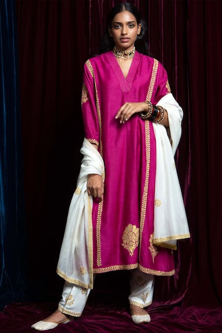 Payal Pratap Pink Matka Silk V Neck Embroidered Kurta Set  