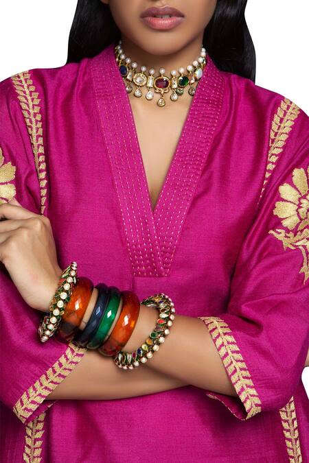 Shop_Payal Pratap_Pink Matka Silk V Neck Embroidered Kurta Set _Online_at_Aza_Fashions