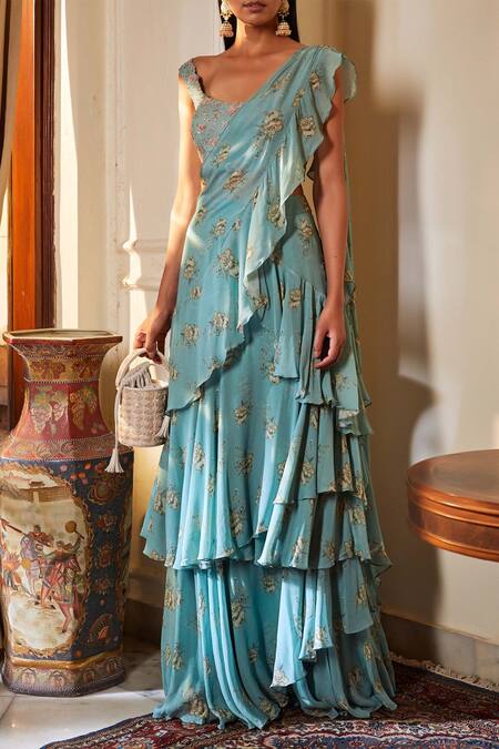 Sana Barreja Green Georgette Sweetheart Neck Embroidered Saree Set Online at Aza Fashions Sana Barreja_Green Georgette Sweetheart Neck Embroidered Saree Set _Online_at_Aza_Fashions